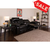 Flash Furniture BT-70530-2-BK-CV-GG Real Comfort Series 2-Seat Reclining Black Leather Theater Seating Unit with Curved Cup Holders